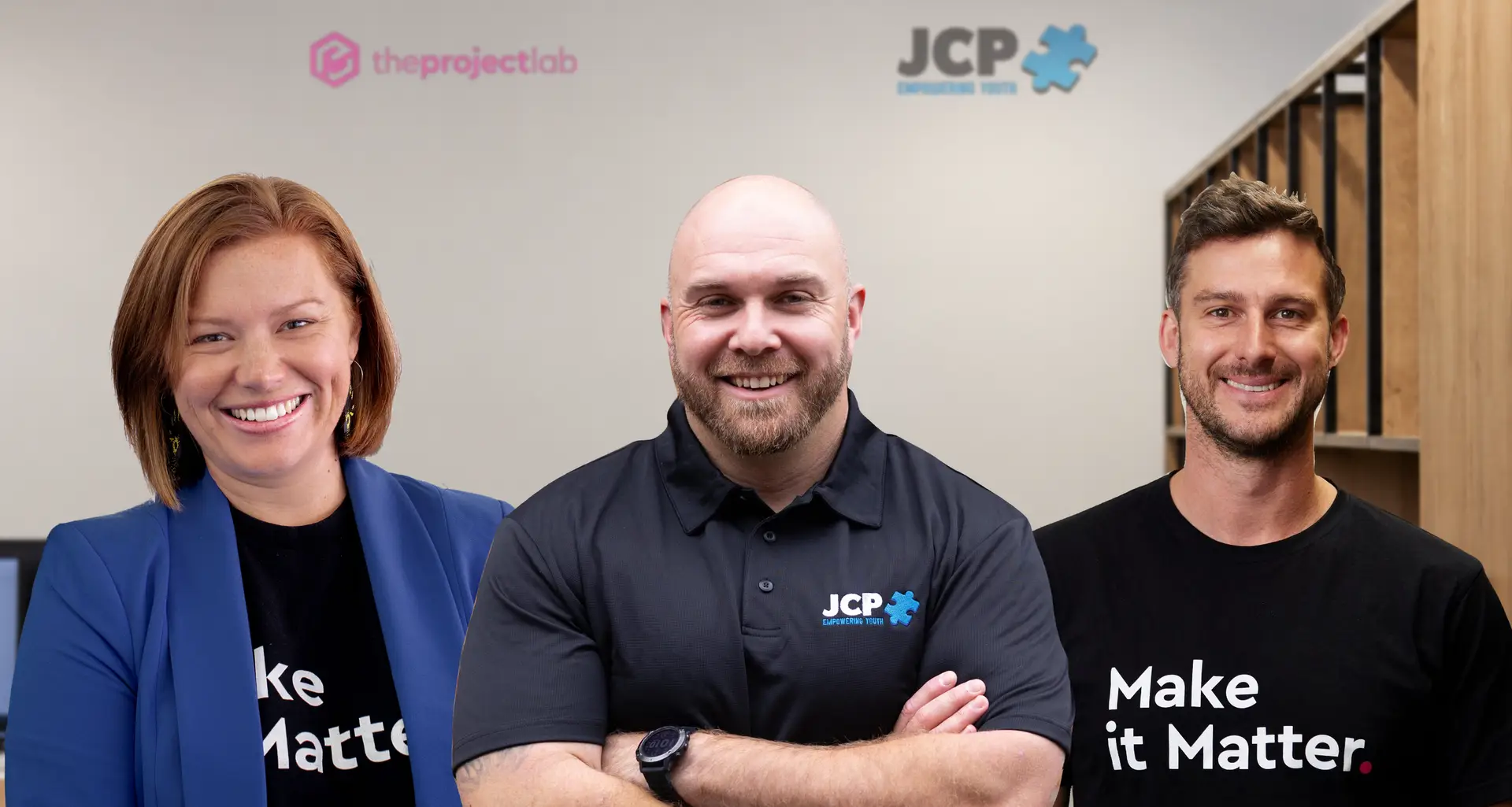 Composite portrait of Alex Bonde, centre, with two representatives from The Project Lab, marking the JCP Youth partnership.