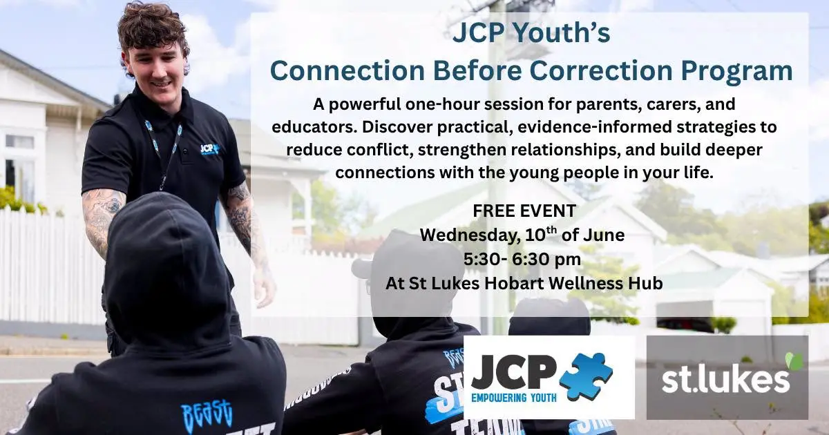 Promotional graphic for Connection Before Correction at St.Lukes in Hobart on 10 June 2026.